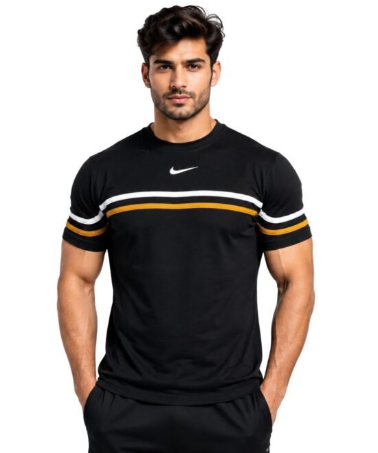 Black T shirt with White and Orange Strips