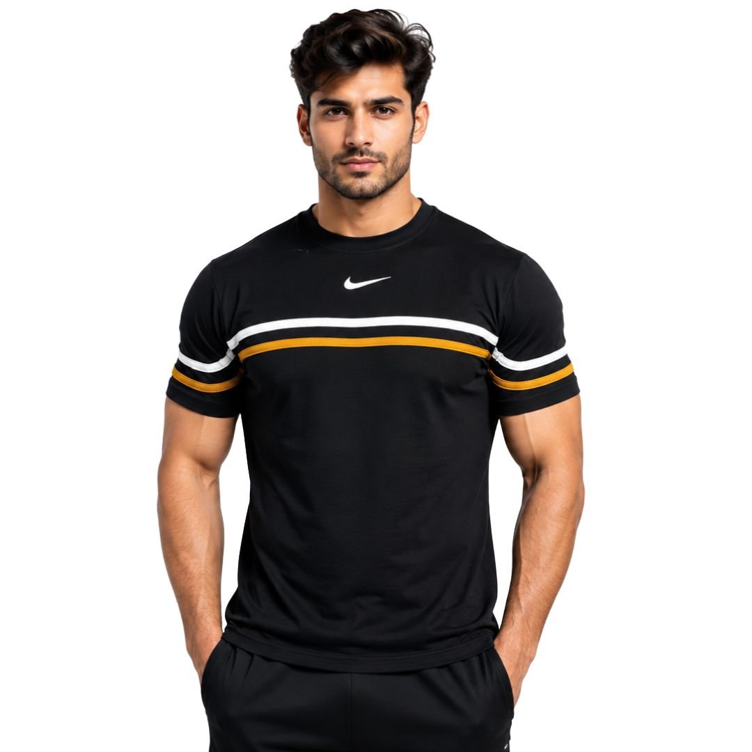 Black T shirt with White and Orange Strips