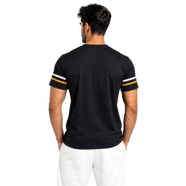 Black T shirt with White and Orange Strips